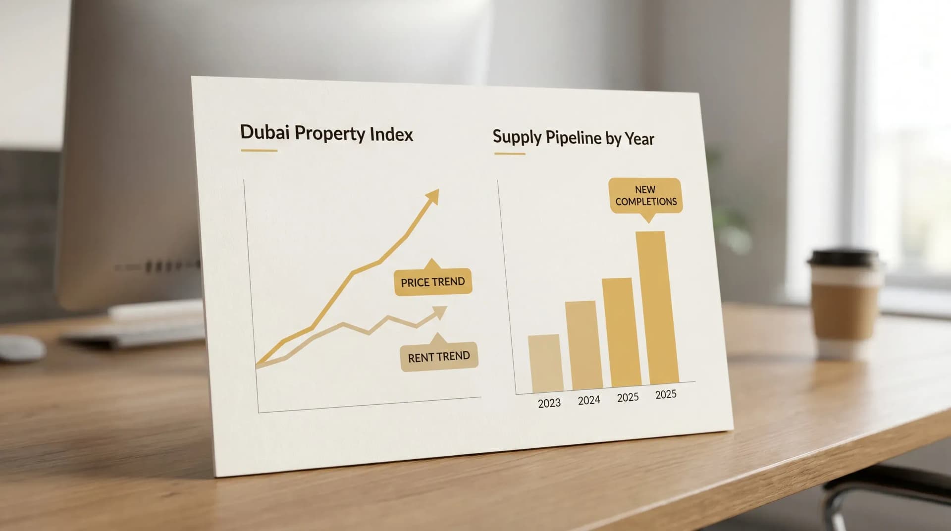 A simple infographic showing a Dubai property index chart on the left and a supply pipeline bar chart by year on the right, with callouts for “price trend”, “rent trend”, and “new completions”.