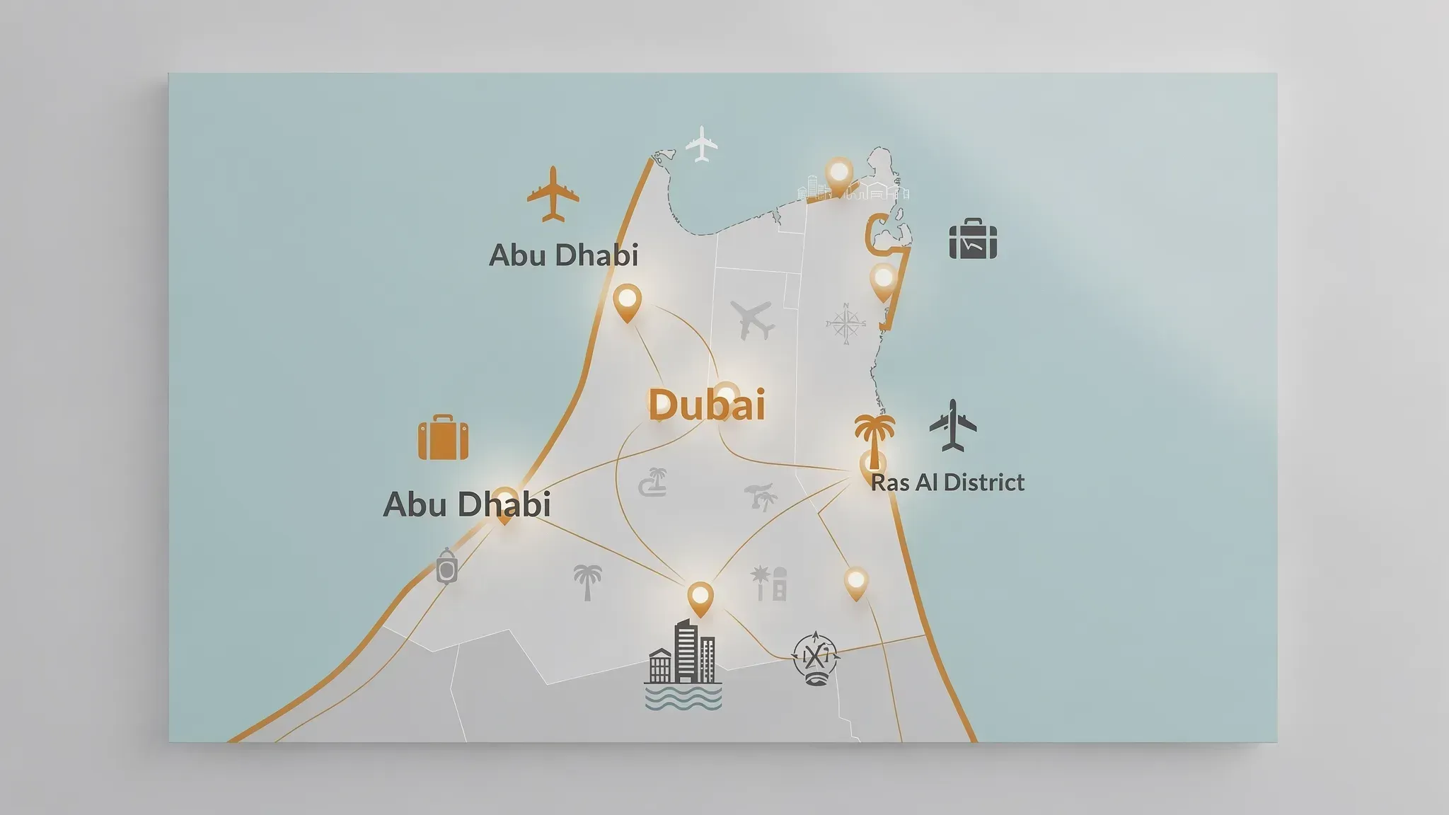 A simplified UAE map highlighting Dubai, Abu Dhabi, and Ras Al Khaimah, with icons for airports, tourism districts, and waterfront master-planned communities to show how infrastructure and lifestyle hubs relate to investment corridors.