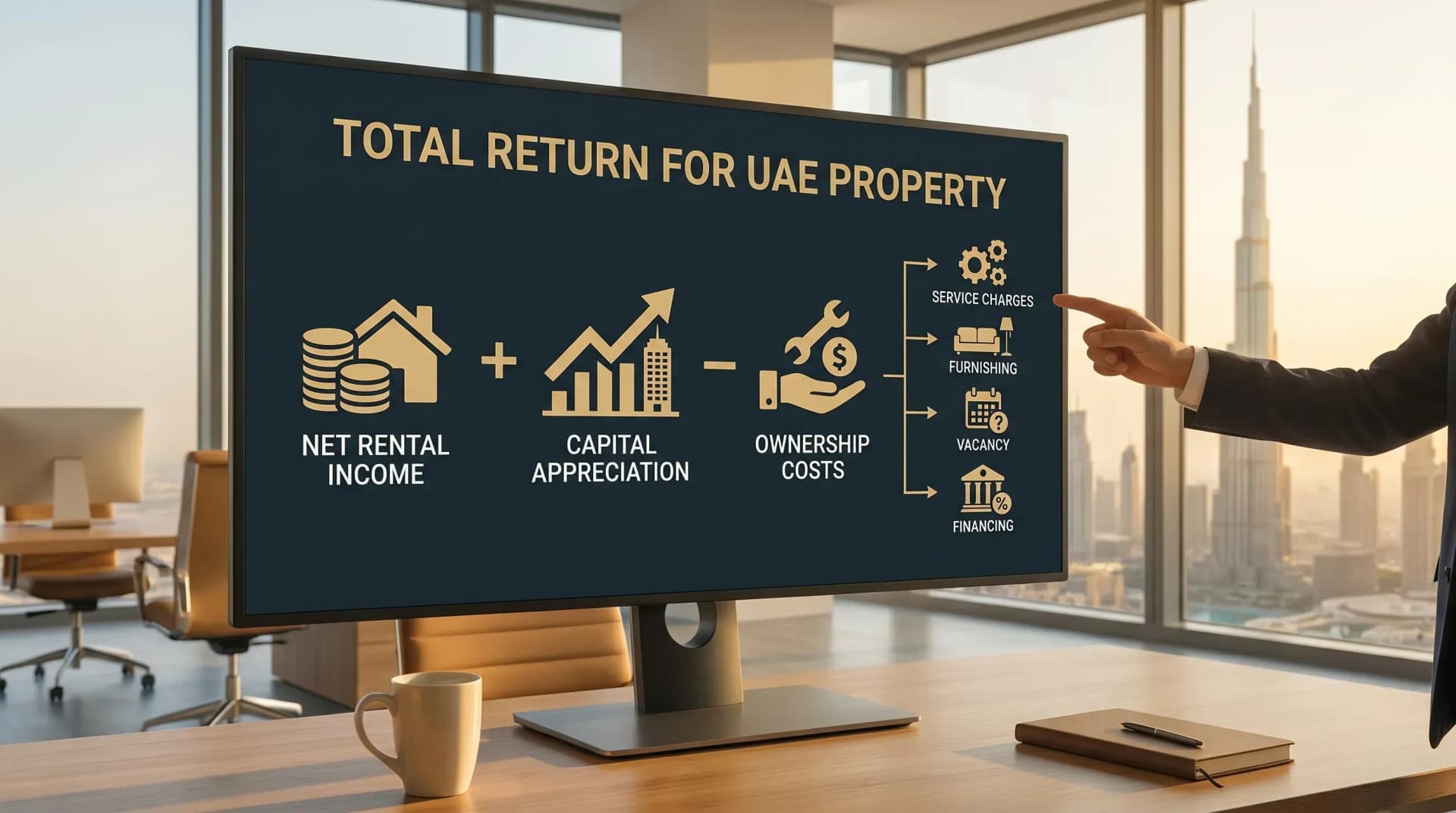 A simple diagram showing total return for UAE property: net rental income plus capital appreciation minus ownership costs, with icons for service charges, furnishing, vacancy, and financing.