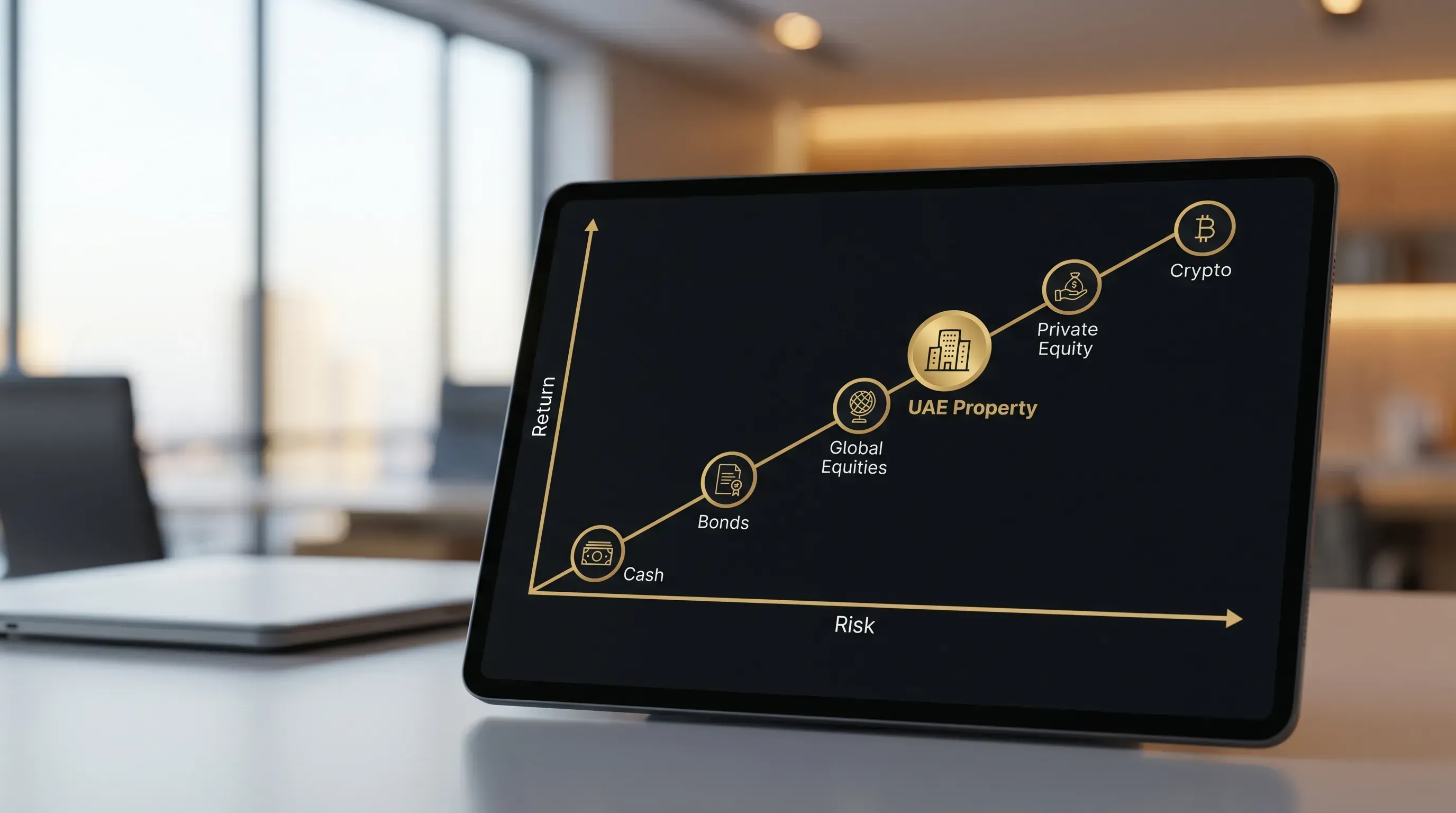 A simple risk-versus-return chart showing common investments (cash, bonds, global equities, private equity, crypto, and UAE property), with UAE property positioned as medium-to-high return with medium risk.