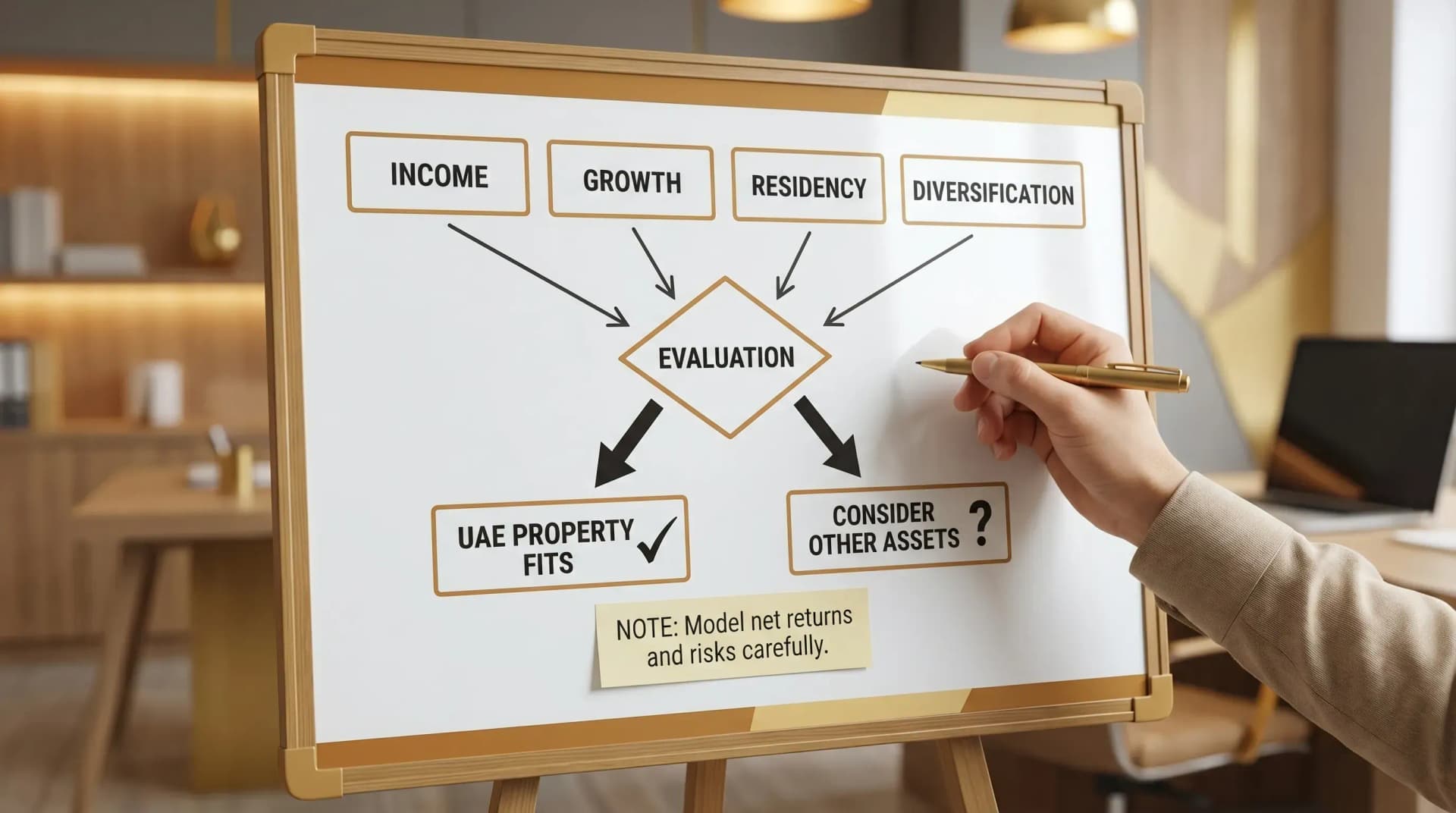 A decision flow diagram with four boxes: goal (income, growth, residency, diversification) leading to “UAE property fits” or “consider other assets”, with a note to model net returns and risks.